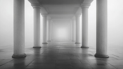 Aufkleber - A serene corridor lined with tall columns disappears into a thick fog, creating a haunting yet beautiful atmosphere. The stillness enhances the mystery of the scene.
