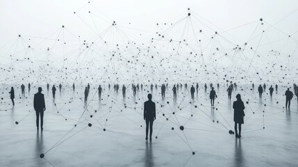 Aufkleber - A group of individuals stands in a large, open area surrounded by numerous lines and nodes, symbolizing complex connections between them. The atmosphere conveys a sense of unity and interaction.
