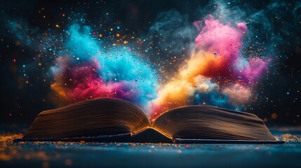 Poster - Dramatic scene of an open book on a minimalistic dark background with vibrant clouds of colorful dust erupting from the pages symbolizing the explosion of knowledge for World Book Day