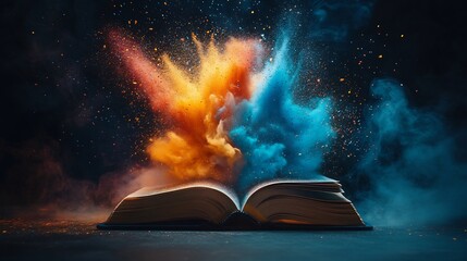 Poster - Dramatic scene of an open book on a minimalistic dark background with vibrant clouds of colorful dust erupting from the pages symbolizing the explosion of knowledge for World Book Day