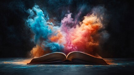 Poster - Dramatic scene of an open book on a minimalistic dark background with vibrant clouds of colorful dust erupting from the pages symbolizing the explosion of knowledge for World Book Day