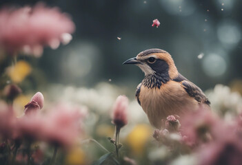 Bird on a flower blurred background