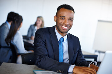 Sticker - African man, laptop and portrait in office with business analyst and smile in boardroom. Technology, planning and digital report for company budgeting with online work at corporate job at desk