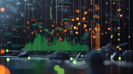 Poster - Abstract Digital Data Visualization with Green Chart, Black Rocks and Bokeh Lights