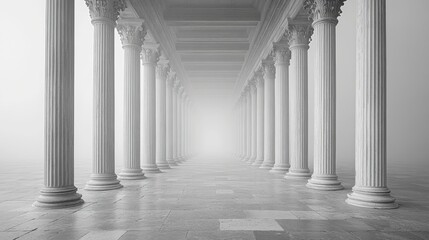 Aufkleber - A serene corridor is adorned with tall classical columns, disappearing into a thick fog that creates a mysterious atmosphere and soft ambiance.