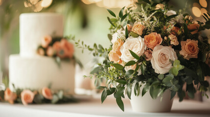 Elegant wedding floral arrangement with cake backdrop