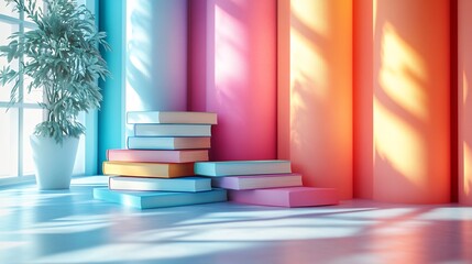 Poster - Dynamic 3D illustration celebrating World Book Day showcasing an abstract design of stacked books with gradient colors complemented by a soft minimalistic background for a modern touch