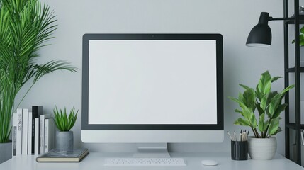 Poster - Modern Home Office Workspace with Blank Computer Screen