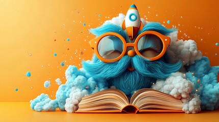 Poster - Dynamic 3D rendering of a rocket launching from a book surrounded by clouds and sparkles floating on a clean orange background highlighting the journey of education and discovery for World Book Day