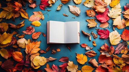 Poster - Dynamic autumn flat lay with colorful leaves splashing upwards creating a vibrant scene with a white blank book suspended in the air celebrating the joy of reading on World Book Day