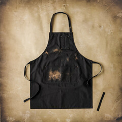 Blank black baker chef apron mockup for professional kitchen staff front view with adjustable ss