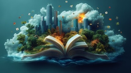 Poster - Dynamic depiction of World Book Day with an open book at the center surrounded by floating letters and illustrations from around the world showcasing the universal love for reading and stories