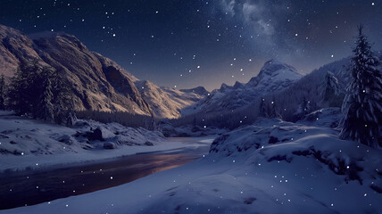 A snowy mountain range with a river running through it