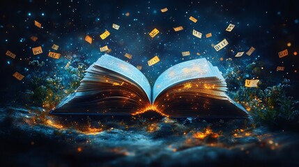 Poster - Dynamic depiction of World Book Day with an open book at the center surrounded by floating letters and illustrations from around the world showcasing the universal love for reading and stories
