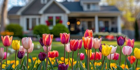 Wall Mural - Colorful tulip garden in full bloom with a beautiful house during sunset in springtime