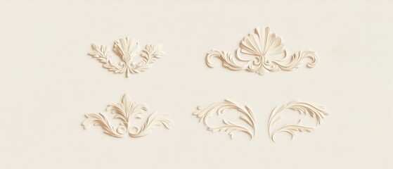 Four ornate plaster decorative elements against a plain beige background. These architectural embellishments feature intricate floral and leaf designs in a baroque or rococo style. Generative AI