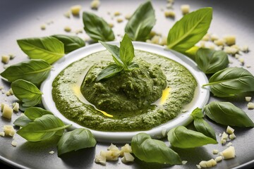 Pesto sauce in a plate and fresh basil leaves with garlic