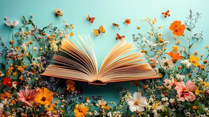 Poster - Festive World Book Day banner showcasing an open book with fluttering pages adorned with delicate flowers and lively colors creating an inviting atmosphere for readers of all ages
