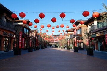 Vibrant street adorned with red lanterns against a clear blue sky.