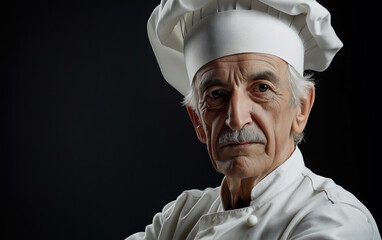 Professional Chef. Portrait male chef with cook hat, white uniform. Portrait of an old Italian or French chef, standing in the kitchen, restaurant, cooking class, cooking school. Realistic style photo