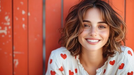 Featuring a close-up of a joyful woman against an orange wall, sporting a white top with heart patterns and a welcoming expression, capturing affection.