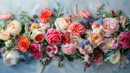 Canvas Print - A close-up shot of a beautiful bouquet of colorful flowers on a light grey background.