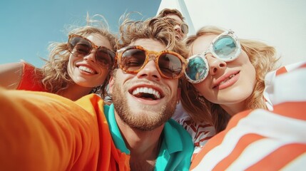 A lively group of friends enjoys a bright sunny day, capturing the moment in a colorful selfie that highlights their fun personalities and fashionable beach attire.