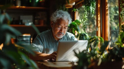 An elder man is focused on his laptop screen while sitting amidst greenery in his home office, embodying dedication and tranquility in this serene workspace setting.