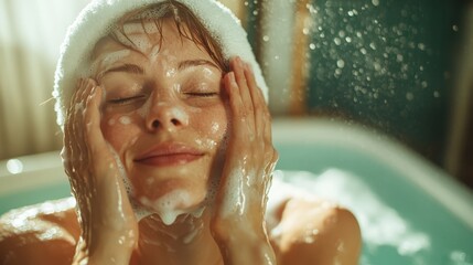 A woman smiles as she refreshes her face with a foamy wash, water splashing around, creating a serene and rejuvenating moment in a sunlit bathroom.