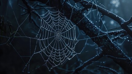 Glistening spider web in the morning dew, captured against a dark background