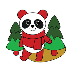 Wall Mural - Cute Christmas Panda Walking in Forest Field.