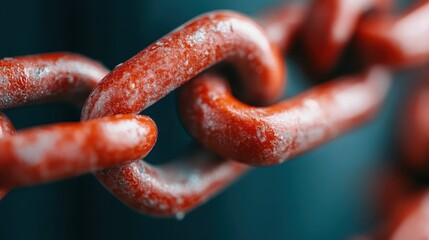 A close perspective of a red chain element intricately wrapped around a blue wire, focusing on the entwined textures and vivid colors of the components.