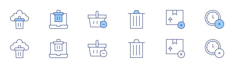 Delete icon set in two styles, Duotone and Thin Line style. Editable stroke. paper bin, trash, out of stock, shopping basket, delete