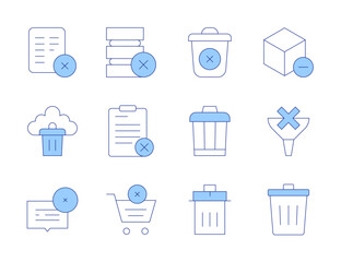 Delete icons. Line Duotone style, editable stroke. delete, bin, remove from cart, remove, funnel, paper bin, decline, clipboard