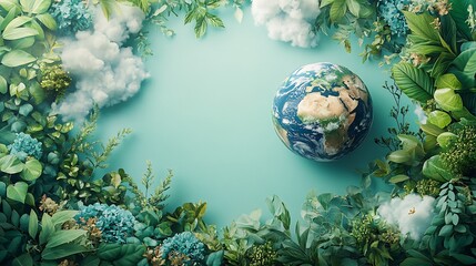 Poster - Generative AI Earth Day scene with a globe centered on a white background surrounded by nature elements like clouds plants and trees leaving space for a customizable message or text