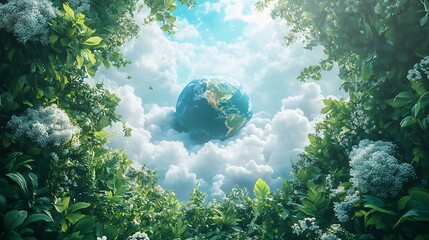 Fototapete - Generative AI Earth Day scene with a globe centered on a white background surrounded by nature elements like clouds plants and trees leaving space for a customizable message or text