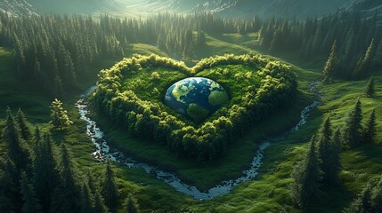 Poster - Generative AI scene showing a heartshaped Earth embedded in a green meadow surrounded by tall trees and flowing streams capturing the essence of environmental love for Earth Day