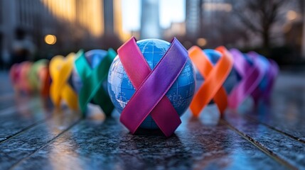 Poster - Globe at the center with a radiant circle of awareness ribbons in various colors set on a serene blue background The design reflects the global solidarity and awareness for World Cancer Day