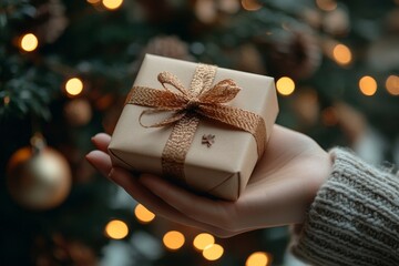 Female hand holding a small gift with a bow on the background of a garland, Generative AI