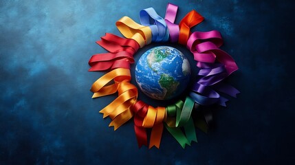 Wall Mural - globe at the center with a radiant circle of awareness ribbons in various colors set on a serene blu