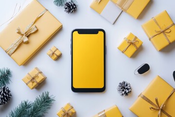 Phone with blank screen and yellow credit card with gift boxes frame on white background top view, Generative AI