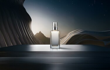 A glass bottle of perfume sits on a wooden surface, a backdrop of stylized hills and stars in the night sky.