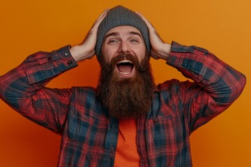 Excited emotional bearded man touching head and opening mouth with unexpected good news, Generative AI