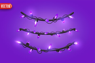 Wall Mural - festive christmas blue string lights brightly glowing. realistic 3d new year decorations garland iso
