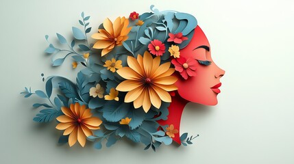Poster - Graceful woman's face depicted colorful papercut design adorned blooming flowers leafy accents set against a gentle background providing room for inspirational text highlighting positive mental health