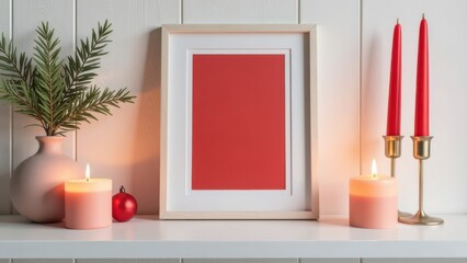 Mockup frame for personalized art and inspirational quotes on a shelf with candles