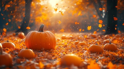 Poster - Bright orange pumpkins sit amid a carpet of fallen leaves, illuminated by warm sunlight filtering through trees in an autumn park.