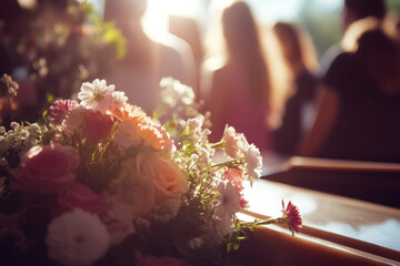 Close up of a bunch of flowers on top of a coffin at a funeral