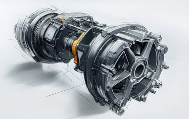 Poster - Detailed sketch of a modern aircraft jet engine showcasing intricate components and design features
