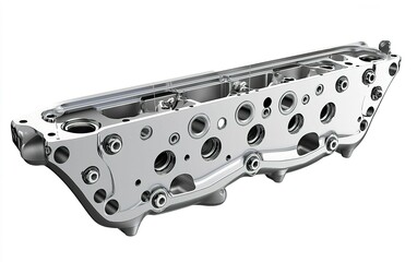 Poster - Detailed view of a polished aluminum engine cylinder head showcasing precision engineering and design elements for automotive performance enhancement